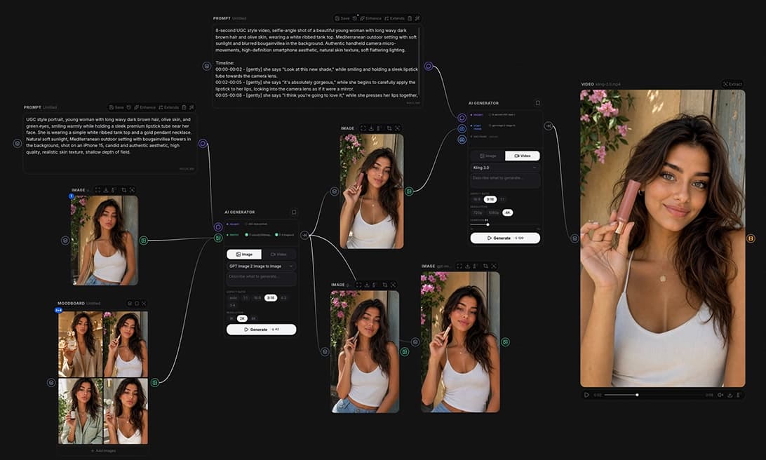 A Korema canvas connecting references, prompts, images, and video